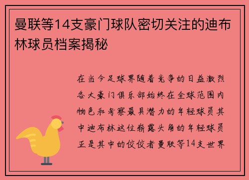 曼联等14支豪门球队密切关注的迪布林球员档案揭秘