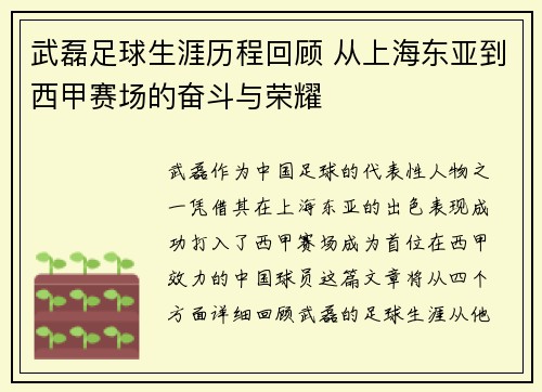 武磊足球生涯历程回顾 从上海东亚到西甲赛场的奋斗与荣耀